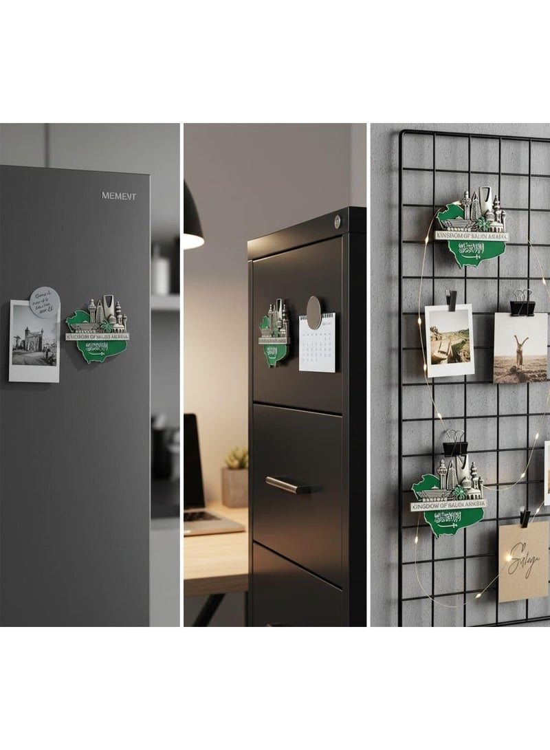 هدايا تذكارية عربية مغناطيس ثلاجة معدني ثلاثي الابعاد فاخر - هدية تذكارية للمملكة العربية السعودية | لمسة نهائية فضية فاخرة مع خريطة وطنية وافق الرياض الشهير | هدية قابلة للتجميع بتصميم علم المملكة العربية السعودية - Image 4