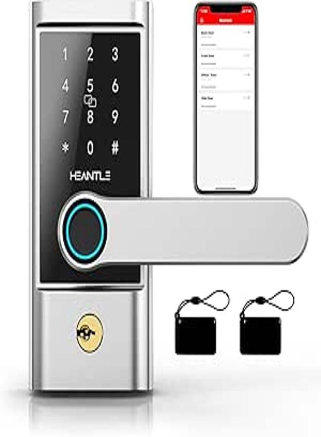 Heantle Smart Lock Keyless Entry Door Locks - Fingerprint Bluetooth Electronic Lever Touchscreen Keypad Deadbolt Alternative Digital Handle For Front Door Auto Lock Compatible With Alexa Silver 
