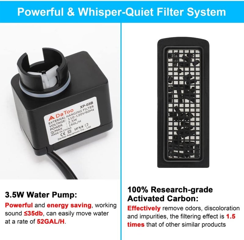 DATOO Aquarium Hang On Filter Small Fish Tank Hanging Filter Power Waterfall Filtration System for 10 to 20 Gallon Aquariums - Image 2