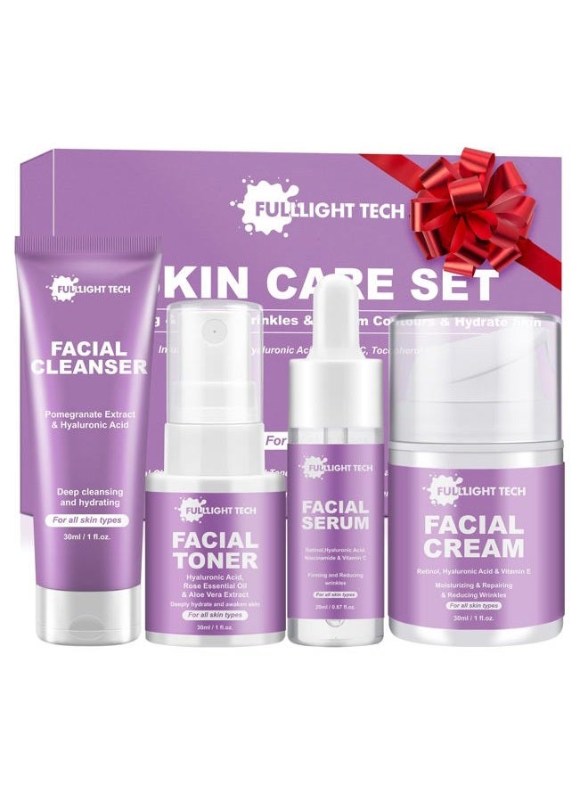 FULLLIGHT TECH Skin Care Set,Anti-aging Beauty Gift Sets for Women Teens Girls,4 Pcs Gentle Facial Skin Care Kit with Cleanser, Toner,Serum, Face Cream Travel Skincare Kit,TSA-friendly Face Care Stocking Stuffers - Image 1