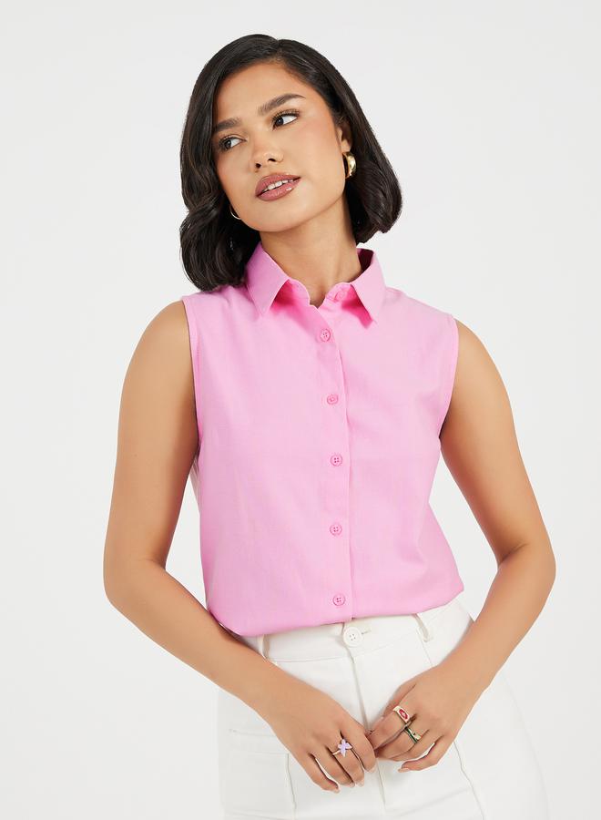 ستايلي بلوزة بلا أكمام بقصة سائبة وأزرار - Image 1