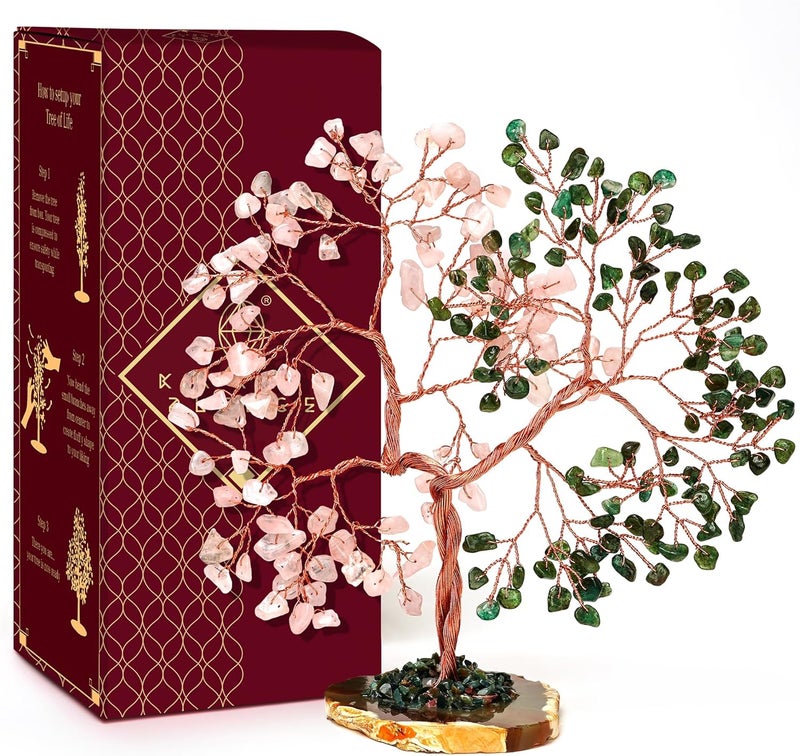 KARMAPLEDGE Crystal Tree for Women Office Decor, Handmade Green Aventurine & Rose Quartz Healing Stones Tree of Life for Positive Energy, Money, Good Luck, Feng Shui Home Decor, Spiritual Gifts for Women - Image 1