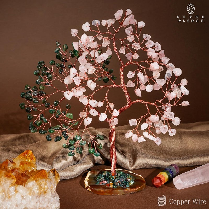 KARMAPLEDGE Crystal Tree for Women Office Decor, Handmade Green Aventurine & Rose Quartz Healing Stones Tree of Life for Positive Energy, Money, Good Luck, Feng Shui Home Decor, Spiritual Gifts for Women - Image 5