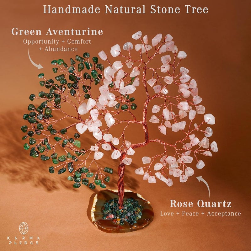 KARMAPLEDGE Crystal Tree for Women Office Decor, Handmade Green Aventurine & Rose Quartz Healing Stones Tree of Life for Positive Energy, Money, Good Luck, Feng Shui Home Decor, Spiritual Gifts for Women - Image 2