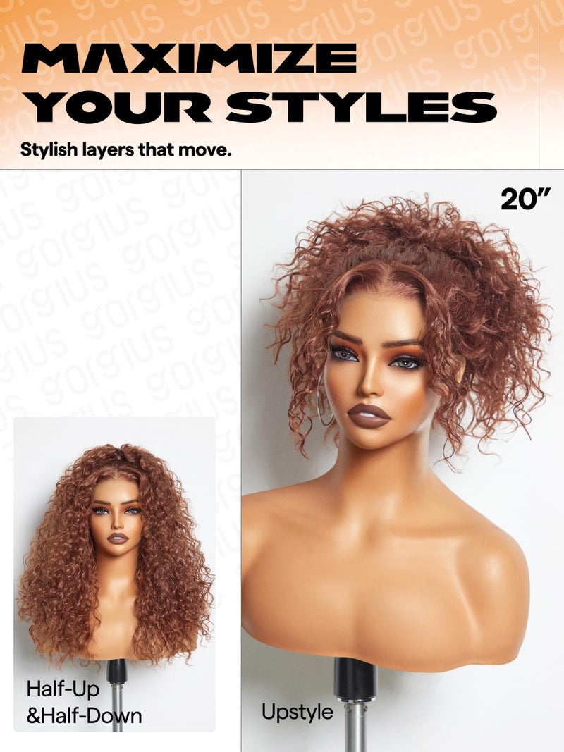 GORGIUS Ginger Brown Curly Lace Front Wig Pre Cut Glueless Highlighted Synthetic Wig Deep Curl Middle Part Lace Wig Upgraded with Premium Human-Hair-Like Fiber 20 Inch (Color 340) - Image 4