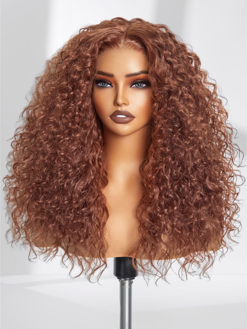 GORGIUS Ginger Brown Curly Lace Front Wig Pre Cut Glueless Highlighted Synthetic Wig Deep Curl Middle Part Lace Wig Upgraded with Premium Human-Hair-Like Fiber 20 Inch (Color 340) - Image 1