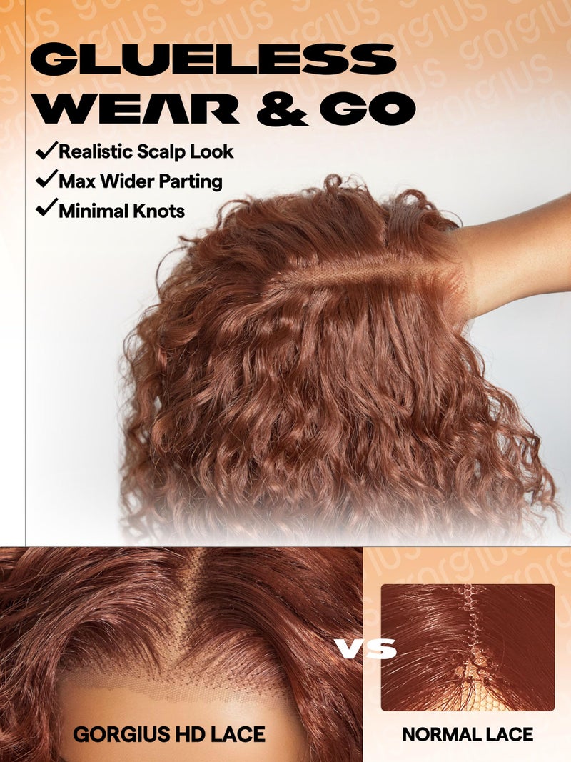 GORGIUS Ginger Brown Curly Lace Front Wig Pre Cut Glueless Highlighted Synthetic Wig Deep Curl Middle Part Lace Wig Upgraded with Premium Human-Hair-Like Fiber 20 Inch (Color 340) - Image 3