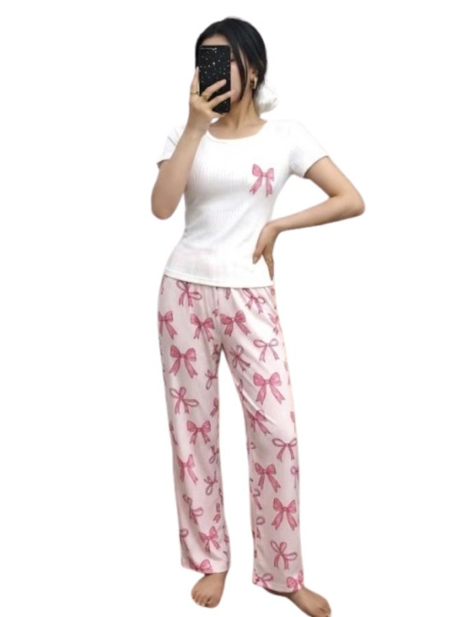 Women's cotton rib knit two-piece pajama set (short-sleeved t-shirt and wide-leg pants printed with bows) - Image 1