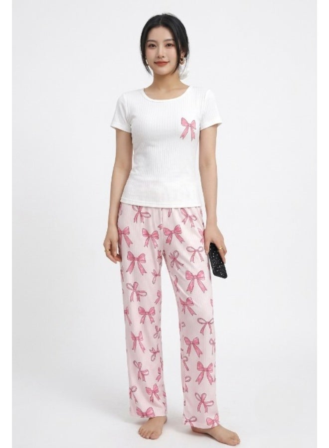 Women's cotton rib knit two-piece pajama set (short-sleeved t-shirt and wide-leg pants printed with bows) - Image 2