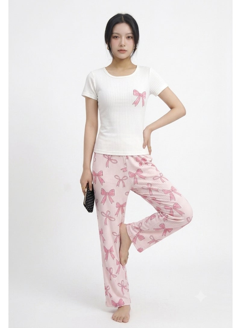 Women's cotton rib knit two-piece pajama set (short-sleeved t-shirt and wide-leg pants printed with bows) - Image 3