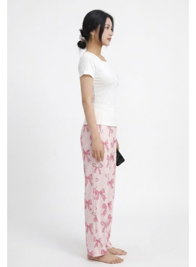 Women's cotton rib knit two-piece pajama set (short-sleeved t-shirt and wide-leg pants printed with bows) - Image 4