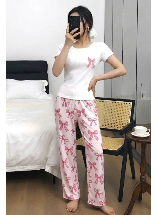 Women's cotton rib knit two-piece pajama set (short-sleeved t-shirt and wide-leg pants printed with bows) - Image 5