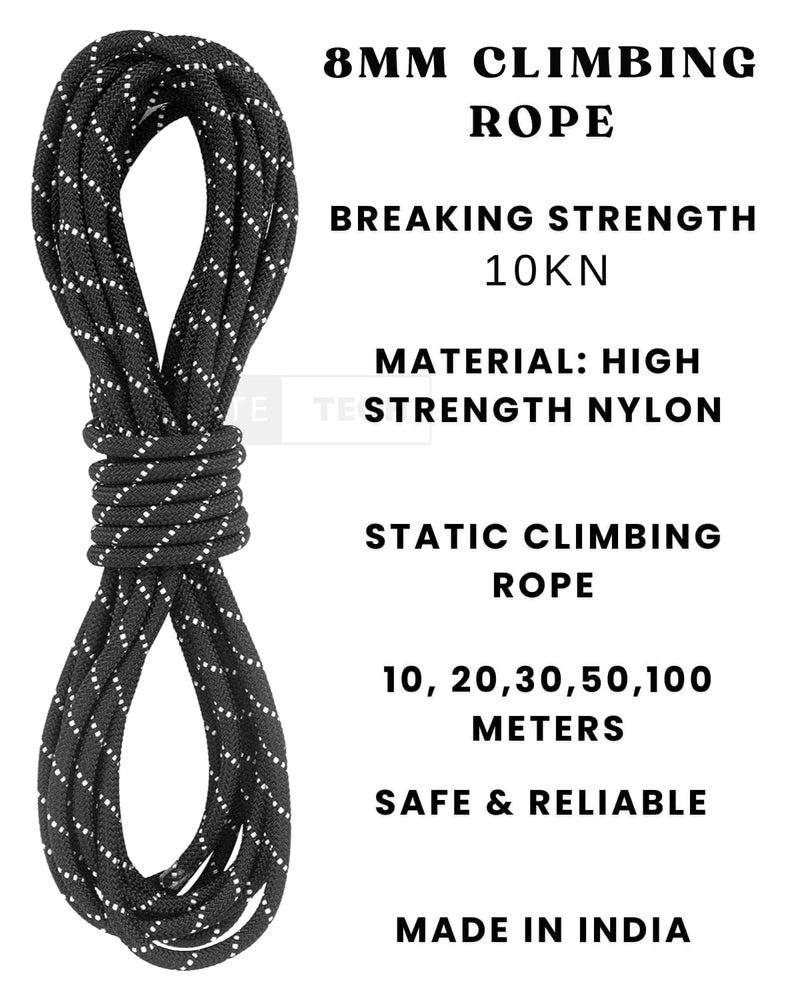 White Tech 8mm Static Climbing Rope 100% Nylon Black Rock Climbing Rope 14Kn Breaking Strength for Outdoor Survival Accessory Safety for Outdoor Survival, Hiking, Mountaineering (8MM 10MTR) - Image 2