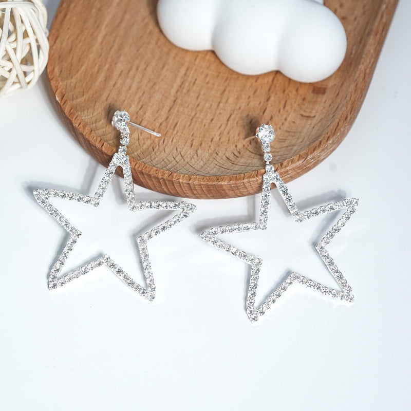 Mintolex Silver Star Earrings for Women Sparkly Rhinestone Hollow Star Drop Dangle Earrings Statement Star Jewelry Gifts for Party Wedding Prom, Silver - Image 5