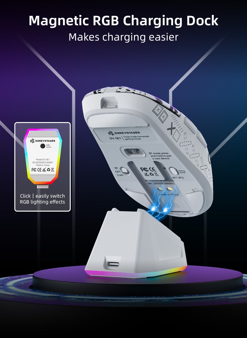 DuneVoyager SE1 Wireless Three Mode Mouse with Ribbon, 66g Ultra Light, Bluetooth/2.4G Wireless Gaming Mouse, Gaming Mouse with Software, Gaming Mouse with Charging Dock, DPI Adjustable to 12800，1000Hz Rate of Return (Black and with Sticker) - Image 4