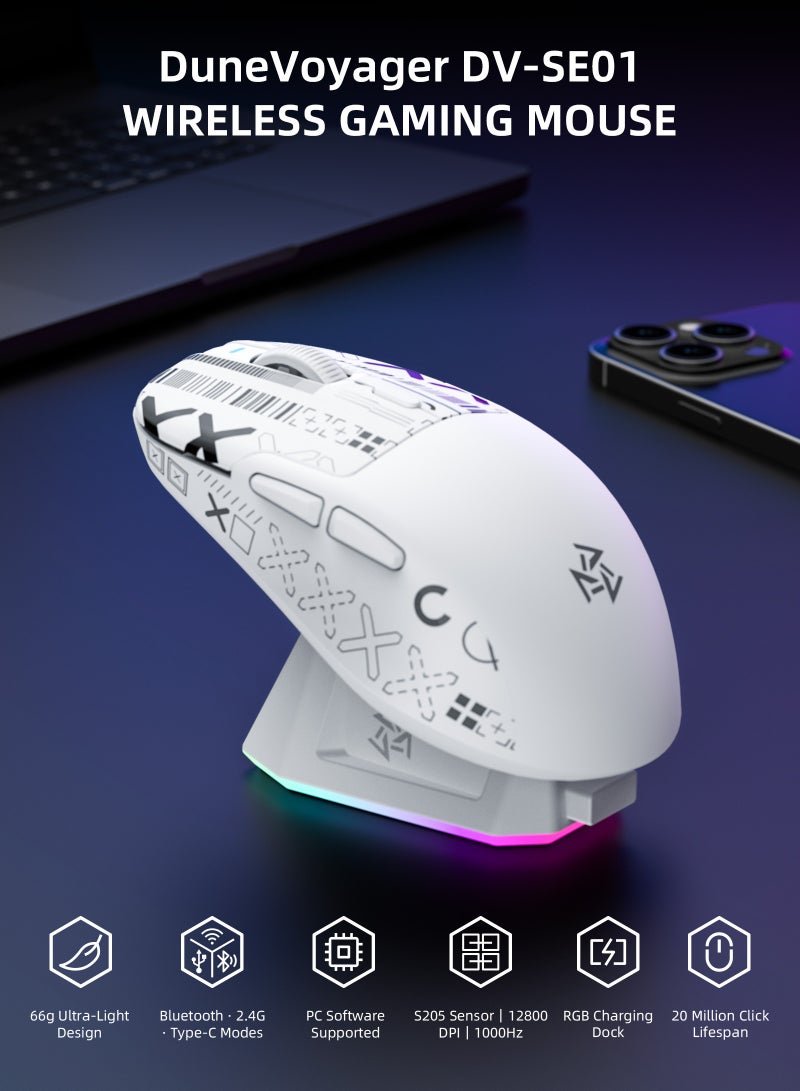 DuneVoyager SE1 Wireless Three Mode Mouse with Ribbon, 66g Ultra Light, Bluetooth/2.4G Wireless Gaming Mouse, Gaming Mouse with Software, Gaming Mouse with Charging Dock, DPI Adjustable to 12800，1000Hz Rate of Return (Black and with Sticker) - Image 2