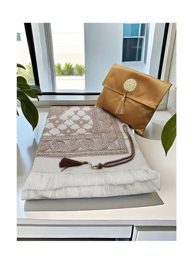 Aijmil مجموعة سجادة صلاة من 3 قطع، سجادة صلاة جميلة مع حقيبة وسبحة، مادة عالية الجودة لطيفة على البشرة، سجادة صلاة قابلة للطي، مناسبة للمنزل والسفر والمكتب والعمل ورمضان والعيد وما إلى ذلك، أفضل فكرة هدية للصلاة (بني) - Image 1