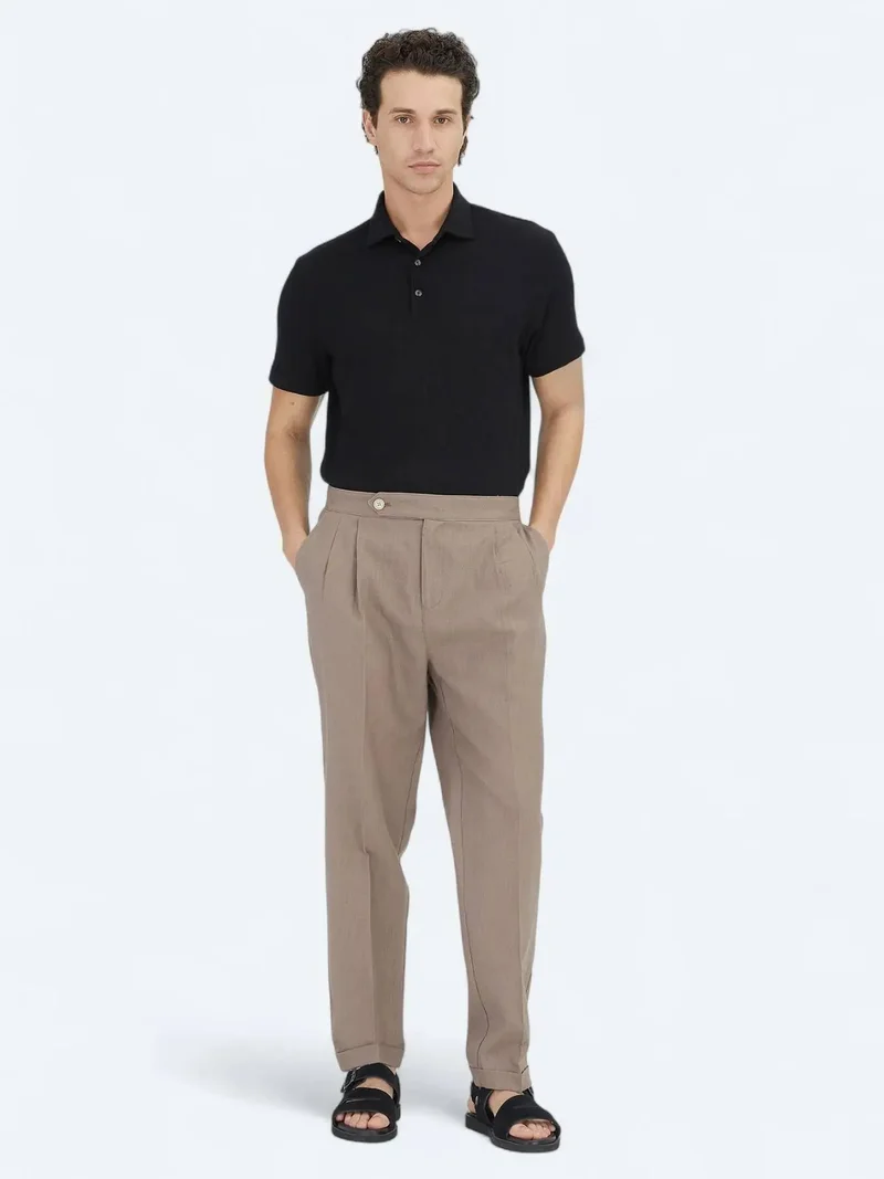 Kip Dark Mink Weaving Carrot Fit Casual Cotton Blended Trousers