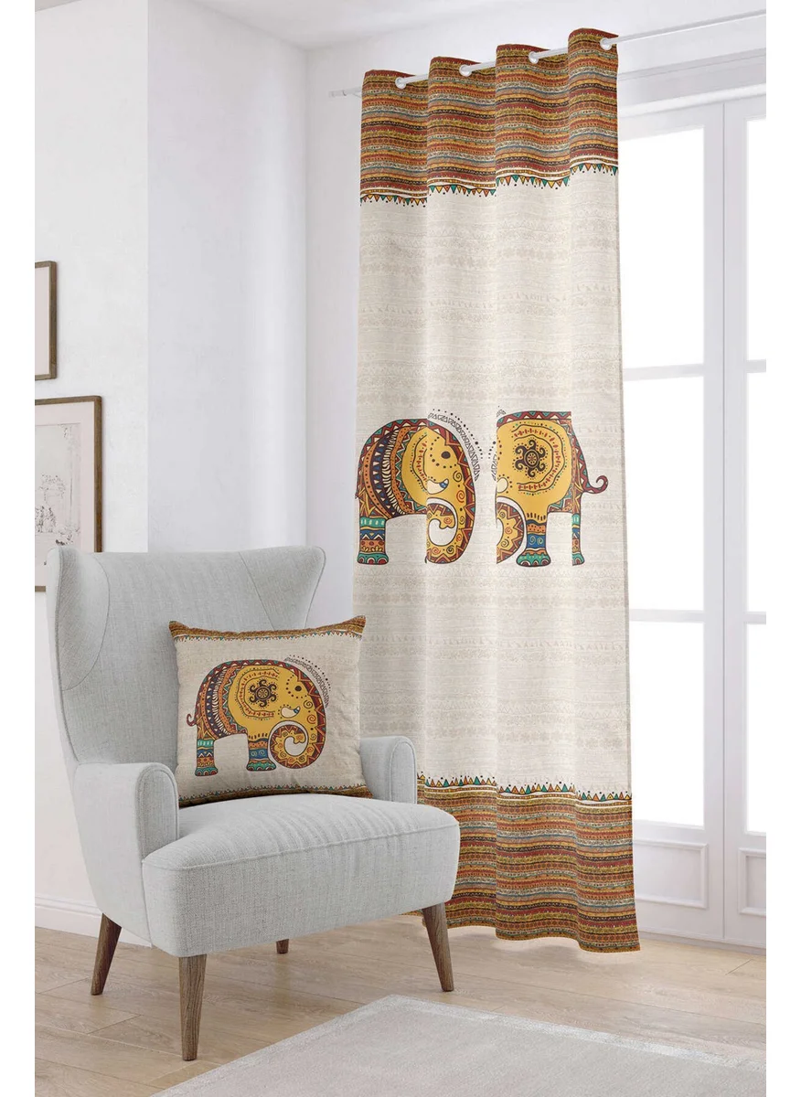 Cango Home Cream Ethnic Elephant Patterned Digital Printed Curtain CGH1256-2-PR