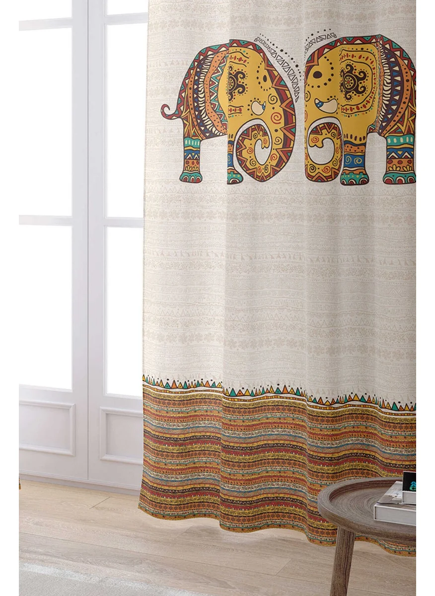 Cango Home Cream Ethnic Elephant Patterned Digital Printed Curtain CGH1256-2-PR