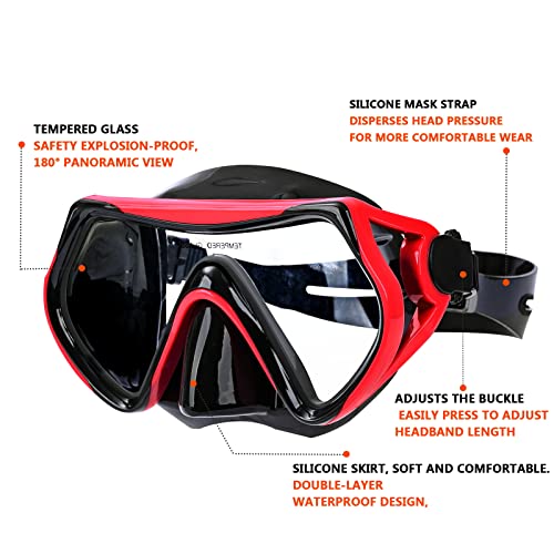 DIPUKI Snorkel mask Snorkeling Set for Adults and Youth, Diving mask and Full Dry Snorkel Swim Googles is Suitable for Snorkeling, Dive Scuba Diving, Swimming (RED) - Image 2