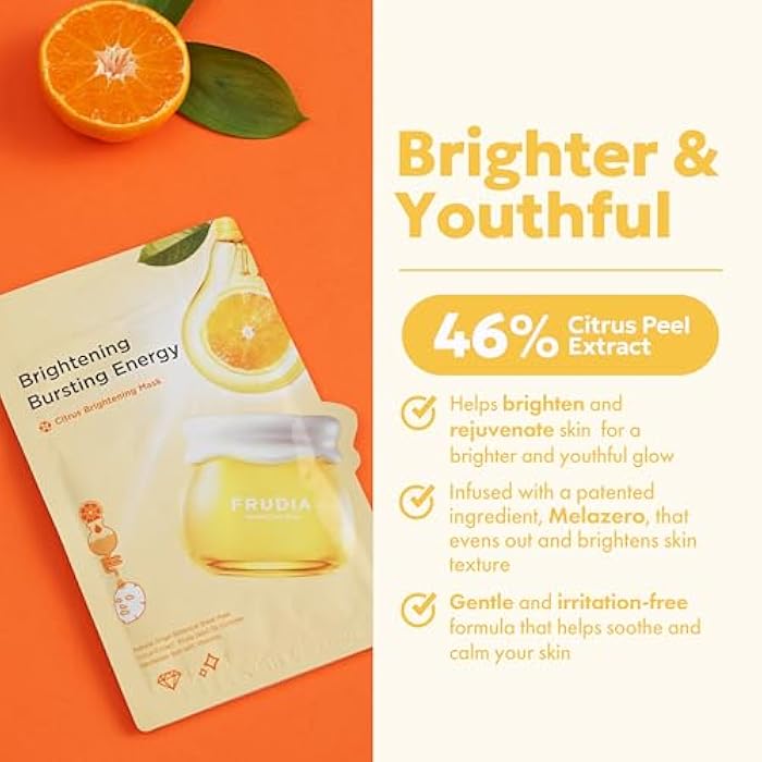 FRUDIA Citrus Clarifying Mask (10 Pack), Vitamin C Korean Face Mask with 46% Mandarin Peel Extract, Vegan Vitamin C & Mela-Zero for Brightening & Dark Spot Treatment - Image 2
