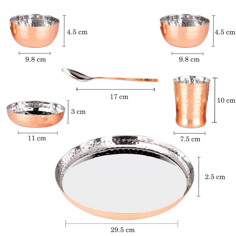 MOLTRES Royal Hammered Copper Finish Dinner Set of 618 Gauge Rust Free Includes 1 Thali 1 Sweet Dish 2 Bowls 1 Spoon 1 Glass Premium Mirror Polished Hammered Copper Pack of 6 - Image 3