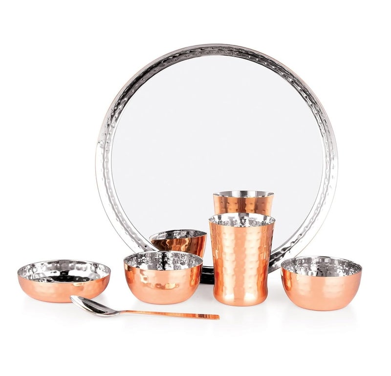 MOLTRES Royal Hammered Copper Finish Dinner Set of 618 Gauge Rust Free Includes 1 Thali 1 Sweet Dish 2 Bowls 1 Spoon 1 Glass Premium Mirror Polished Hammered Copper Pack of 6 - Image 2