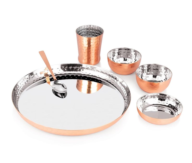 MOLTRES Royal Hammered Copper Finish Dinner Set of 618 Gauge Rust Free Includes 1 Thali 1 Sweet Dish 2 Bowls 1 Spoon 1 Glass Premium Mirror Polished Hammered Copper Pack of 6 - Image 1