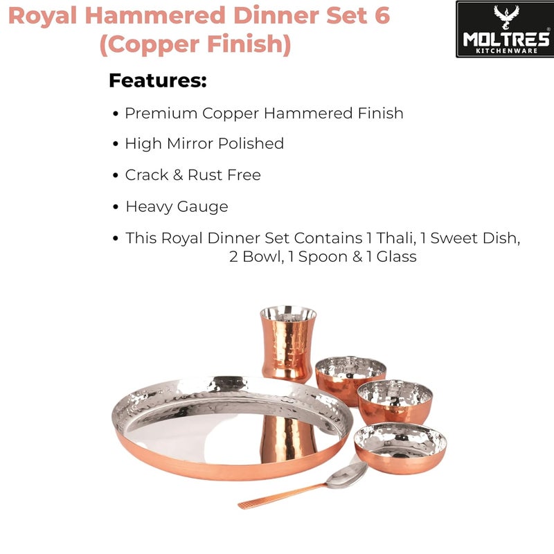 MOLTRES Royal Hammered Copper Finish Dinner Set of 618 Gauge Rust Free Includes 1 Thali 1 Sweet Dish 2 Bowls 1 Spoon 1 Glass Premium Mirror Polished Hammered Copper Pack of 6 - Image 4