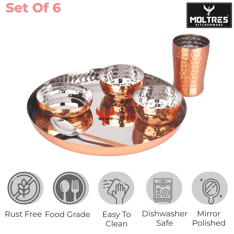 MOLTRES Royal Hammered Copper Finish Dinner Set of 618 Gauge Rust Free Includes 1 Thali 1 Sweet Dish 2 Bowls 1 Spoon 1 Glass Premium Mirror Polished Hammered Copper Pack of 6 - Image 5