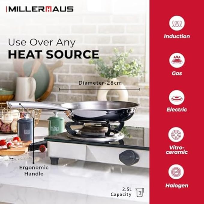 MILLERHAUS TriPlyfrypan 28Cm Stainless Steel 1810 Frying Pan Pfoa Free Dishwasher Safe Skillet Stainless Steel Handle Cookware  Silver - Image 4
