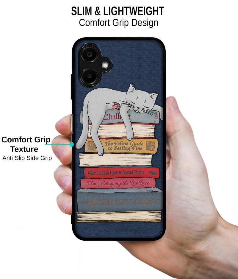 Casotec Cat Sleeping On The Books Design Premium 2D Printed Metal Back Case Cover for Samsung Galaxy A06 4G / A06 5G - Image 4