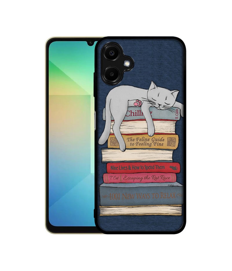 Casotec Cat Sleeping On The Books Design Premium 2D Printed Metal Back Case Cover for Samsung Galaxy A06 4G / A06 5G - Image 1