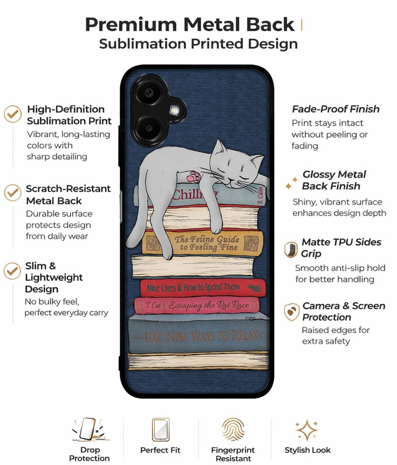 Casotec Cat Sleeping On The Books Design Premium 2D Printed Metal Back Case Cover for Samsung Galaxy A06 4G / A06 5G - Image 2