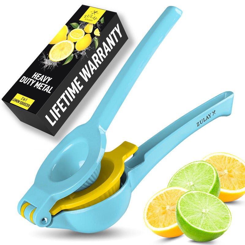 Zulay Kitchen Zulay Metal 2-In-1 Lemon Squeezer Manual - Sturdy, Max Extraction Hand Juicer Lemon Squeezer Gets Every Last Drop - Easy to Clean Manual Citrus Juicer - Easy-to-Use Lemon Juicer Squeezer - Blue/Yellow - Image 1