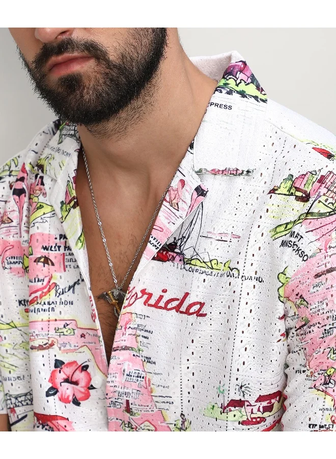 Campus Sutra Men's Chalk White:Blush Pink Maps Shirt