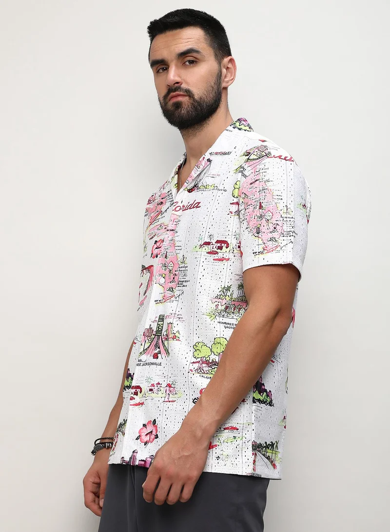 Campus Sutra Men's Chalk White:Blush Pink Maps Shirt