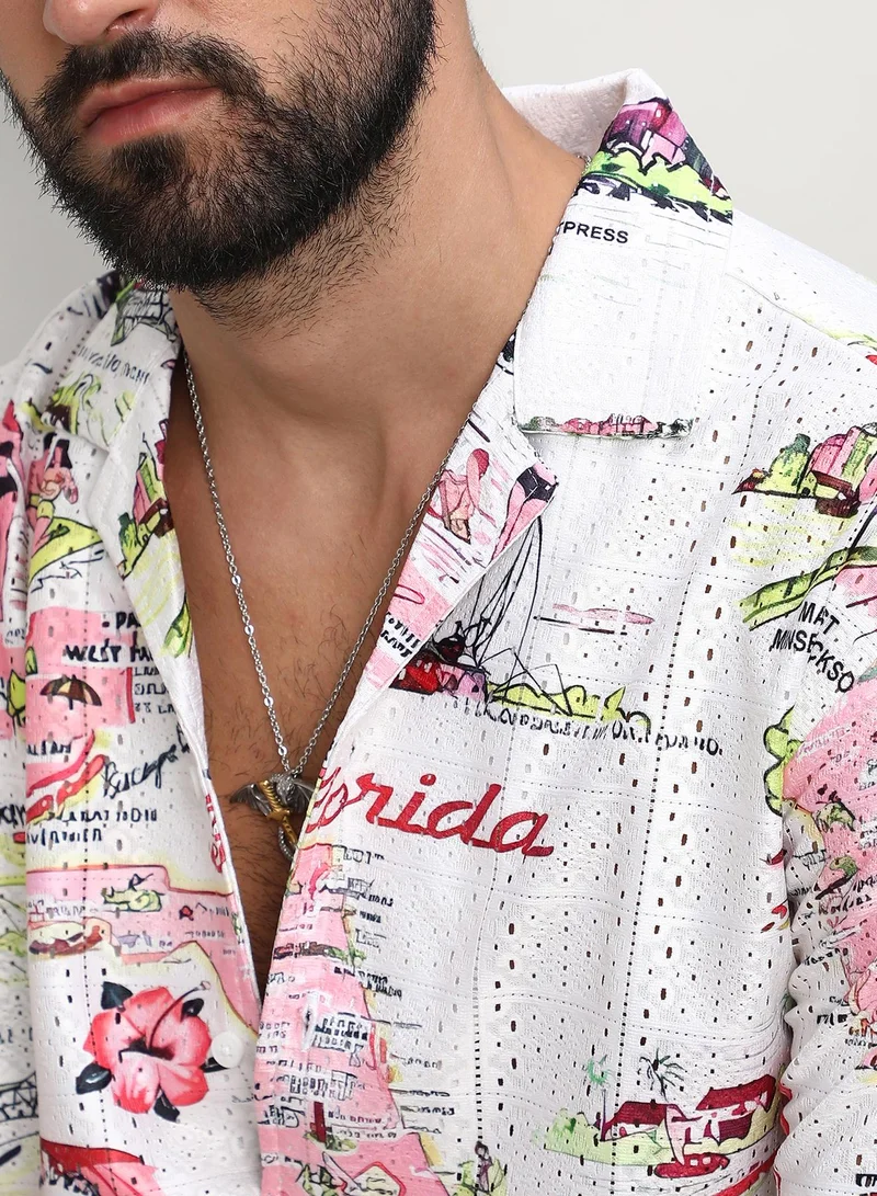 Campus Sutra Men's Chalk White:Blush Pink Maps Shirt