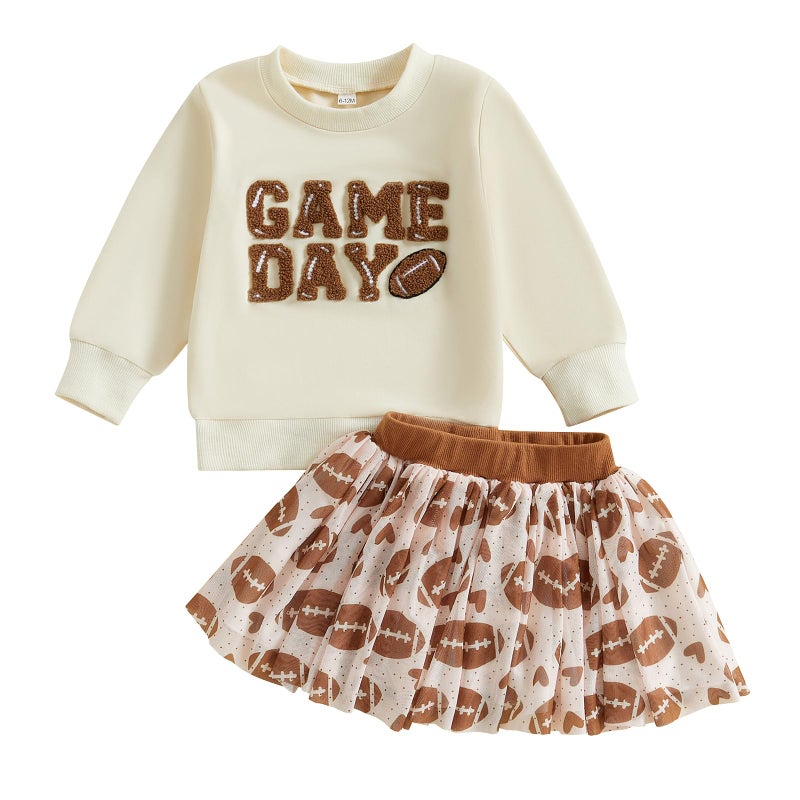 Lenjindjer Toddler Baby Girl Football Outfits Game Day Embroidery Long Sleeve Sweatshirt Sequin Tutu Skirts 2Pcs Fall Clothes (Beige, 3-4T) - Image 1