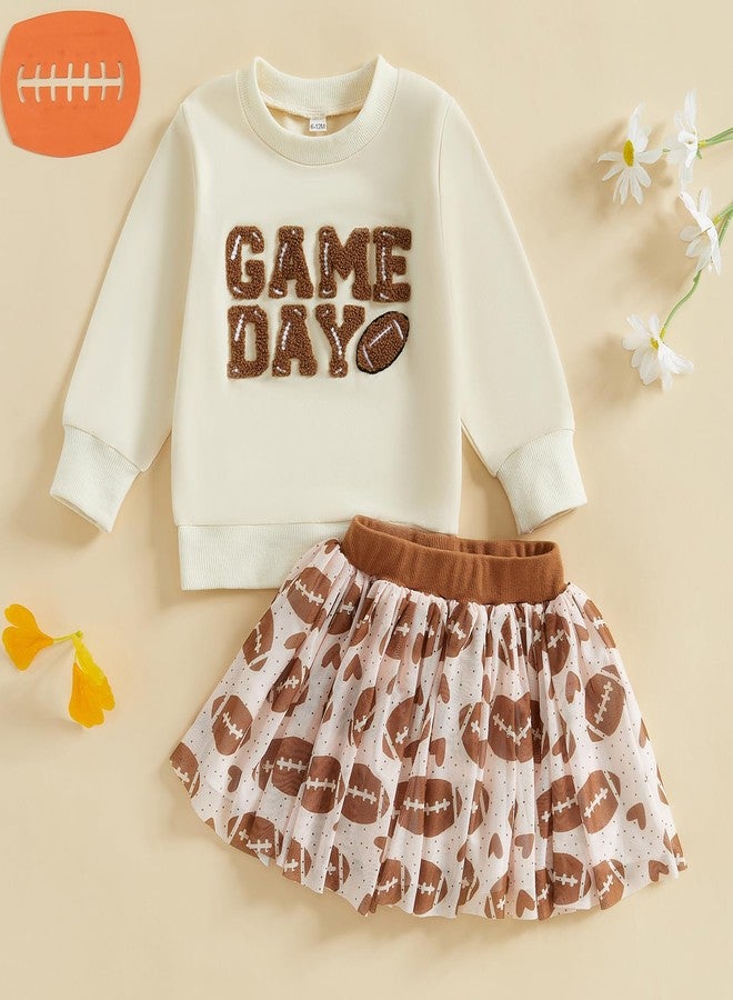 Lenjindjer Toddler Baby Girl Football Outfits Game Day Embroidery Long Sleeve Sweatshirt Sequin Tutu Skirts 2Pcs Fall Clothes (Beige, 3-4T) - Image 2