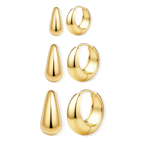 Besteel 3Pairs 14K Gold Plated Hoop Earrings Set for Women Chunky Earring Silver Plated Hypoallergenic Small Huggie Hoops Lightweight Tiny Thick Trendy Hoop Earrings Stacks for Multiple Piercing(14k gold plated) - Image 1