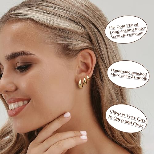 Besteel 3Pairs 14K Gold Plated Hoop Earrings Set for Women Chunky Earring Silver Plated Hypoallergenic Small Huggie Hoops Lightweight Tiny Thick Trendy Hoop Earrings Stacks for Multiple Piercing(14k gold plated) - Image 3