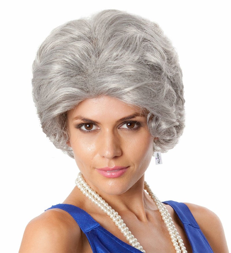 ALLAURA Old Lady Wig Grandma Wig Granny Costume Gray Wigs Queen Elizabeth Costume for Girls Fits All Adults Women GirlsWigs GrannyWigs for Kids