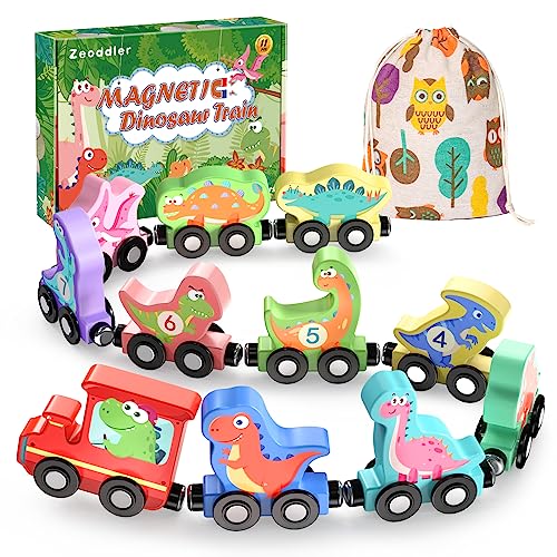 Zeoddler Toys for Toddlers 11 Magnetic Wooden Dinosaur Train Set Montessori Toys for Toddlers Preschool Educational Material for Kids Birthday Gifts for Boys Girls - Image 1