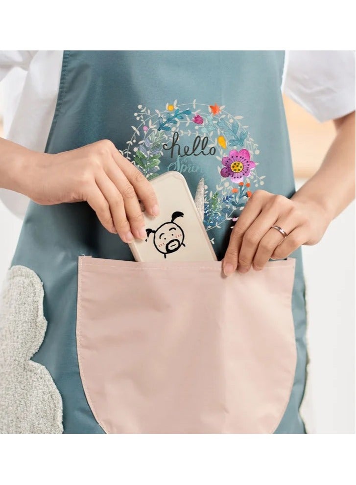 Women Kitchen Apron with Hand Wipe Pockets，Big Pocket,Hand-wiping, Waterproof for Cooking Baking - Image 2