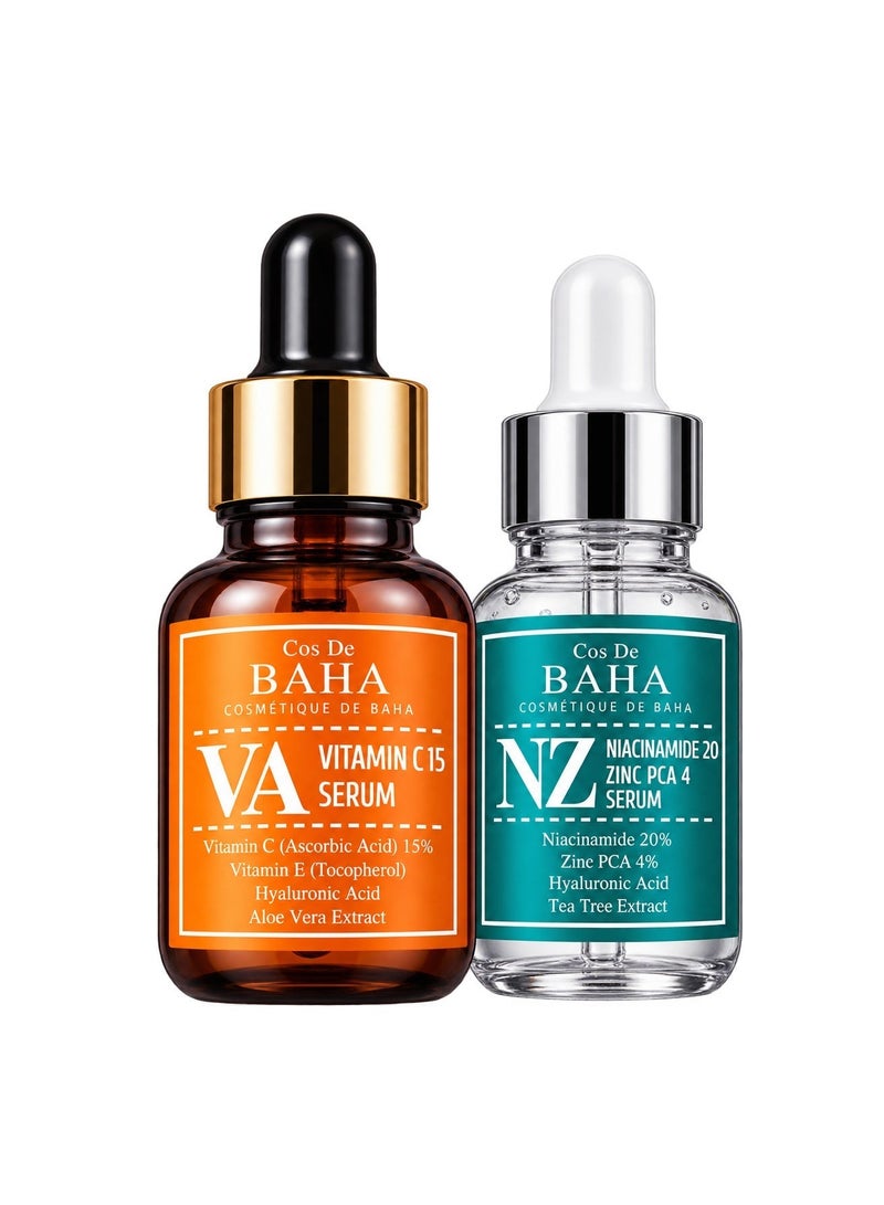 COS DE BAHA Vitamin C 15% & Niacinamide 20% + Zinc PCA 4% Serum Set - Vitamin C Ascorbic Acid Brightening Face Serum for Dark Spots, Hyperpigmentation & Uneven Skin Tone + Niacinamide Zinc Serum for Enlarged Pores, Oil Control & Blemish-Prone Skin - Korean Skincare Duo, 2 x 30ml - Image 1