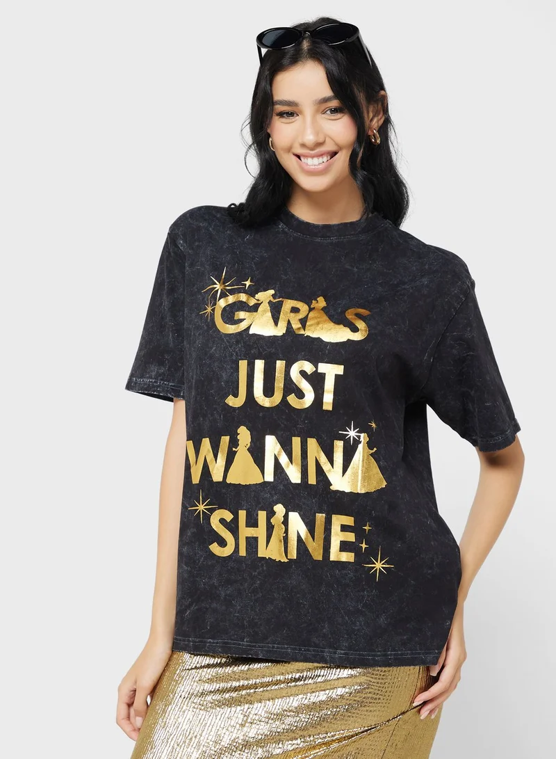 ديزني Princess Oversize Acid Wash Slogan T-Shirt