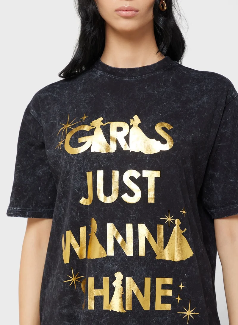 ديزني Princess Oversize Acid Wash Slogan T-Shirt