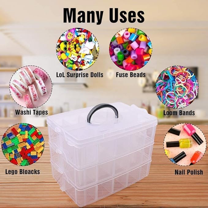 GOVINDGOPAL Plastic Transparent Earring Storage Box 3 Layer with 30 Grid Portable Jewelry Craft Accessories Box Collapsible and Removable Dividers 30 Grid - Image 5
